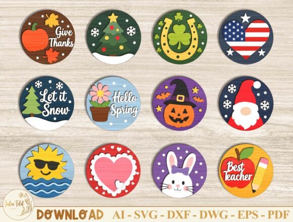 Holiday Round Sign Insert SVG Bundle for Laser Cutting & Home Decor